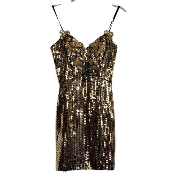 Vintage Alyce Designs 1980s Mini Dress Gold Sequins Hoco Formal Floral Size XS - Picture 1 of 7